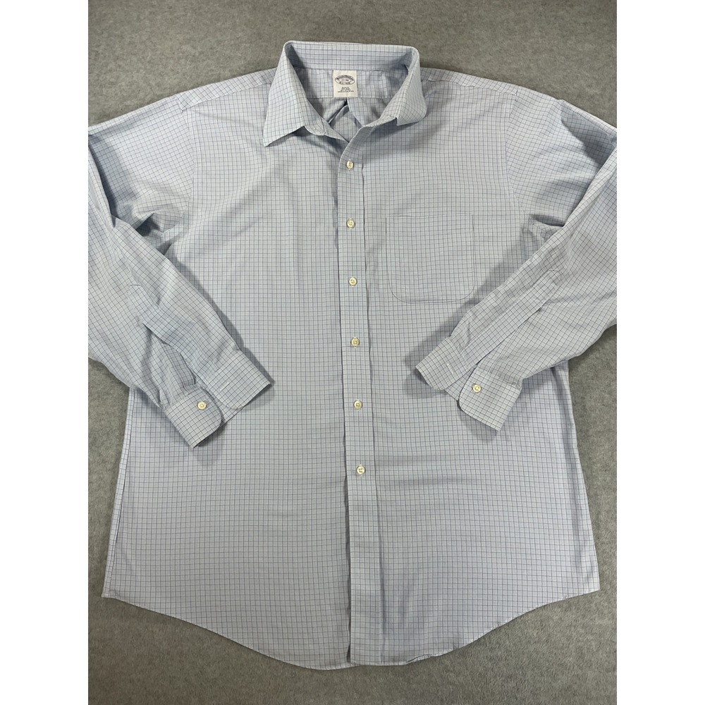 Brooks Brothers Mens 17-34 Slim Fit Non-Iron Cotton Check Dress Shirt Blue 2782